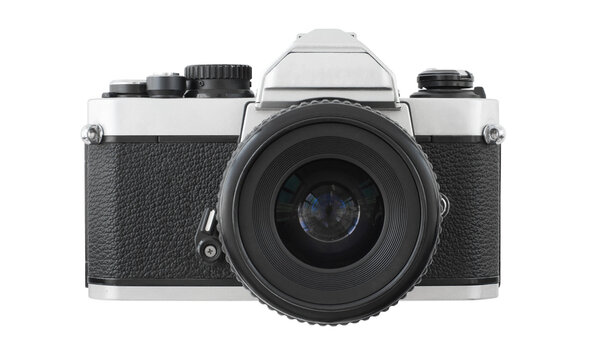 Vintage photo camera, PNG image isolated on white and transparent background, cut-out design element object, flatlay / top view. 