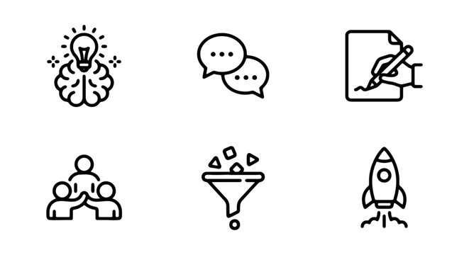 Business Strategy Icons: Idea, Teamwork, Sales Funnel, Launch, Writing