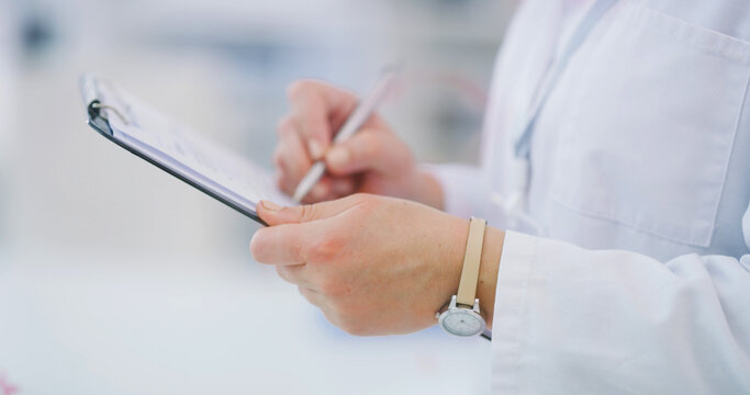 Hands, scientist and writing in lab with clipboard, research and report for medical experiment. Person, notes and checklist in workplace with agenda, study results and information on vaccine progress
