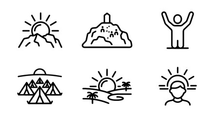 Fototapeta premium Sunrise Mountain Peaks, Desert Oasis, and Human Achievement Icons Set