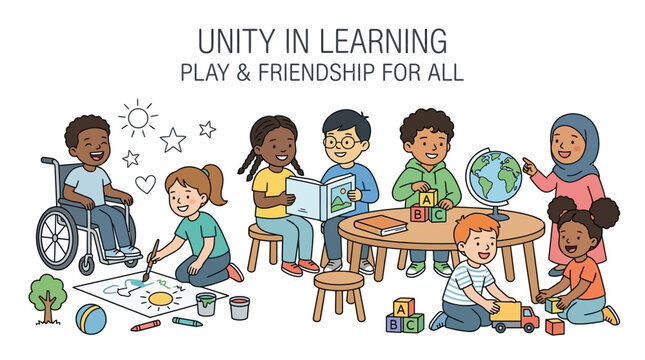 Diverse group of children with different abilities playing and learning together at a table with educational toys and art supplies in a colorful setting.