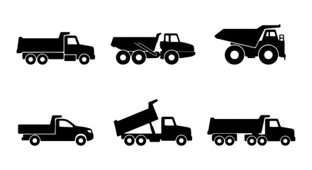 Dump Truck Icons Set, Heavy Construction Vehicle Silhouettes, Industrial Haulage Vector Graphics © RAJA