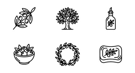 Obraz premium Olive Icons: Branch, Tree, Oil, Bowl, Wreath, Soap Vector Set