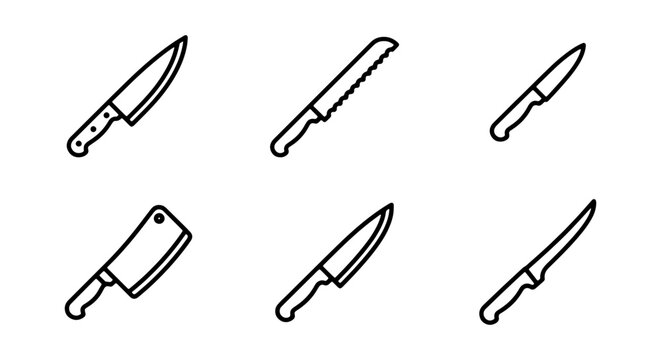 Kitchen Knife Icons Set, Chef Knife, Bread Knife, Cleaver, Paring Knife, Vector Graphics