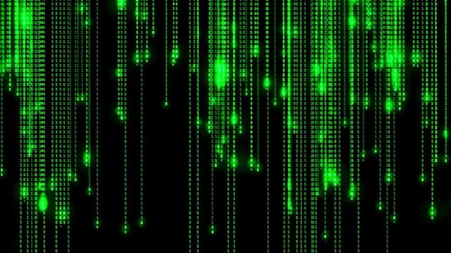 Glowing green digital particles falling on black background