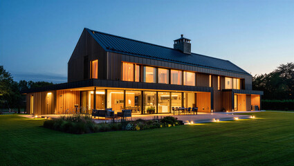 Luxury modern barn style house with wood cladding, patio, and illuminated interior at night © Sadiya Digital