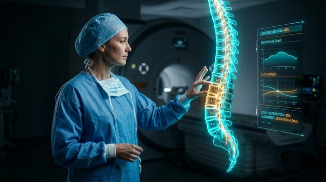Innovative medical technology empowers a doctor to intricately examine a virtual human spine, enhancing diagnostic capabilities and surgical precision in a digital healthcare environment