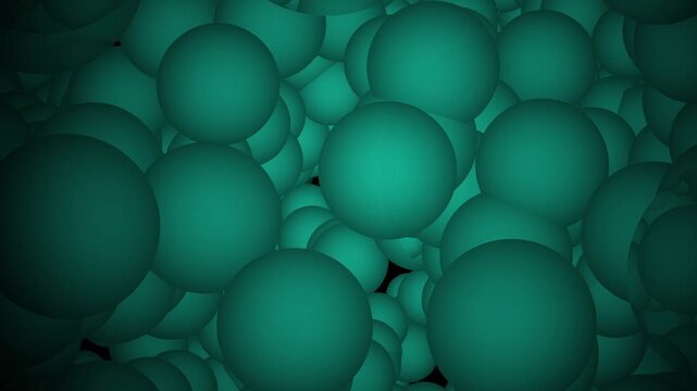 Cluster of teal spheres with soft lighting background. Geometry shapes pattern for technology product overview layout. Digital geometric animation for video backdrop.