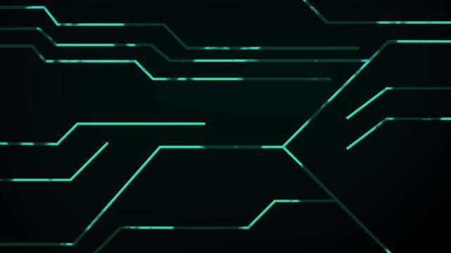 Teal circuit board lines on dark background technology. Technology circuit symbol for digital network infrastructure hardware. Digital circuit board animation for data.
