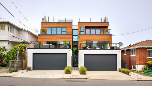 Modern luxury duplex townhouses with wood siding and roof decks on a residential street, roof deck