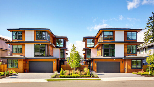 Two modern duplex houses with wooden and white facades, large, and manicured landscaping under