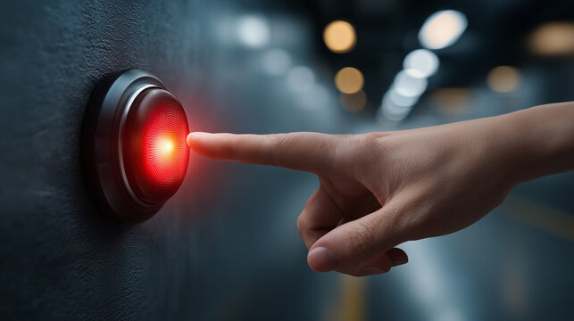 Close up of a person finger reaching out to press a glowing red emergency stop button on a dark wall.
