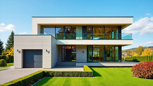 Modern luxury house with large and manicured lawn on sunny day luxury home residential building
