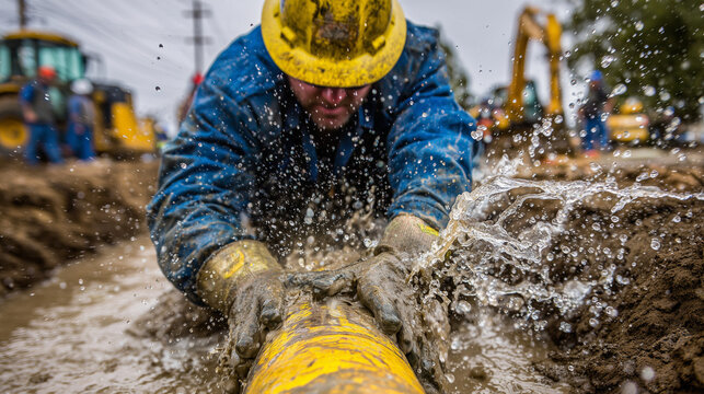 Construction worker in a yellow hard hat and blue jacket working in muddy water to repair a large pipe at a construction site.