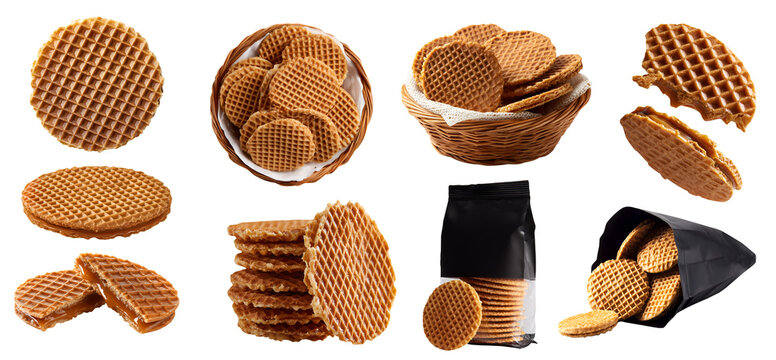 Set of stroopwafel, traditional Dutch round waffle biscuit snack, ratten basket with napkin, resealable takeaway craft bag package, stack pile broken bite, transparent cutout PNG Mockup

