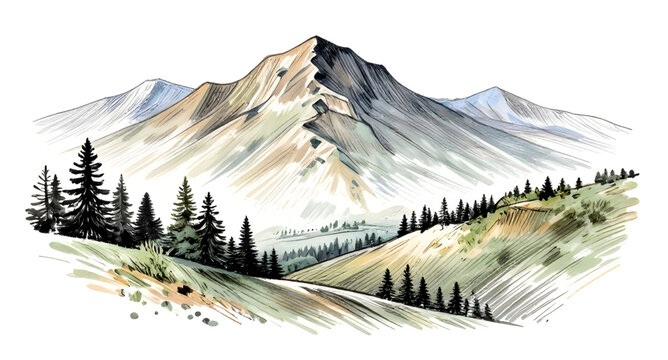 mountainlandscape, mountainlandscapeillustration, handdrawnmountains, mountains, pineforest, pinetrees, nature, wilderness, outdoor, scenic, sketch, blackandwhite, monochrome, vector, illustration, la