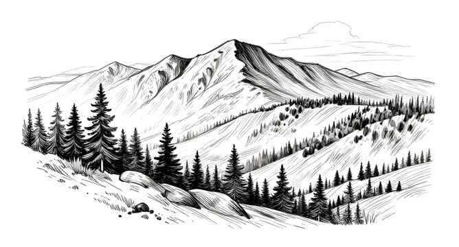 mountainlandscape, mountainlandscapeillustration, handdrawnmountains, mountains, pineforest, pinetrees, nature, wilderness, outdoor, scenic, sketch, blackandwhite, monochrome, vector, illustration, la