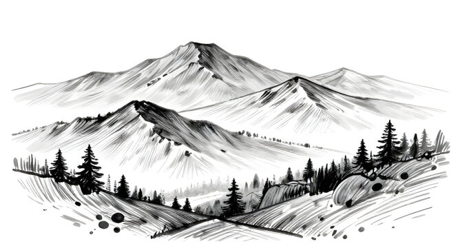 handdrawnmountains, mountainlandscapeillustration, mountainlandscape, mountains, pineforest, pinetrees, nature, wilderness, outdoor, scenic, sketch, blackandwhite, monochrome, vector, illustration, la