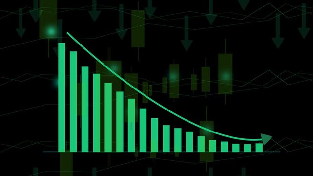 Green bar chart showing decline with downward arrow on dark. Business loss chart for corporate performance crisis metrics. Digital bar chart animation for network alert.