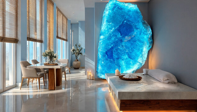 Luxury ice-themed spa relaxation room featuring glowing Paraiba crystal formations, frosted walls, cooling wellness atmosphere, crystal-inspired design, premium cryotherapy retreat, elegant frozen int