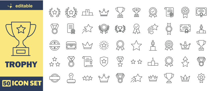 Trophy Editable Stroke Line Icon Set &ndash; Award, Achievement, Winner, Medal and Recognition Outline Icons Collection