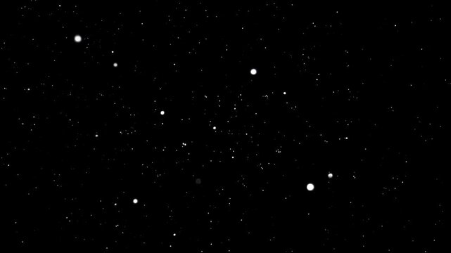 Tiny white starry particles twinkling and floating randomly in vast deep empty dark cosmic night sky. Deep space exploration and eternity concept