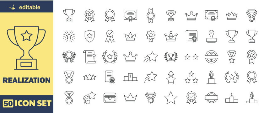 Realization Achievement Trophy Line Icon Set, Editable Stroke Outline Vector Collection, Success Award Medal Badge Recognition Icons