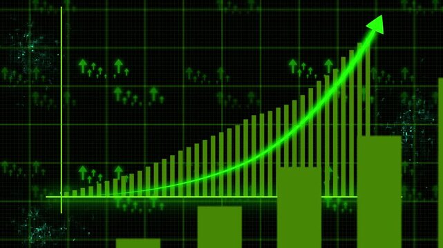 Green financial growth bar chart and line graph finance. Business success chart for corporate economics analytics monitoring. Digital bar graph animation for growth report.