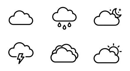 Obraz premium Cloud Icons Set, Weather Forecast Symbols, Meteorology Icons, Simple Line Art