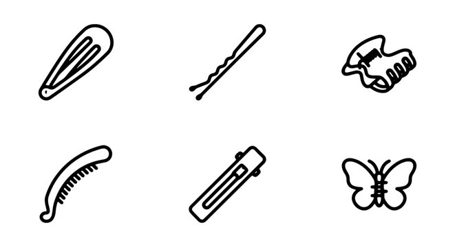 Hair Accessories Vector Icons: Clips, Barrettes, Bobby Pins, Butterfly Clamps, Hair Clips