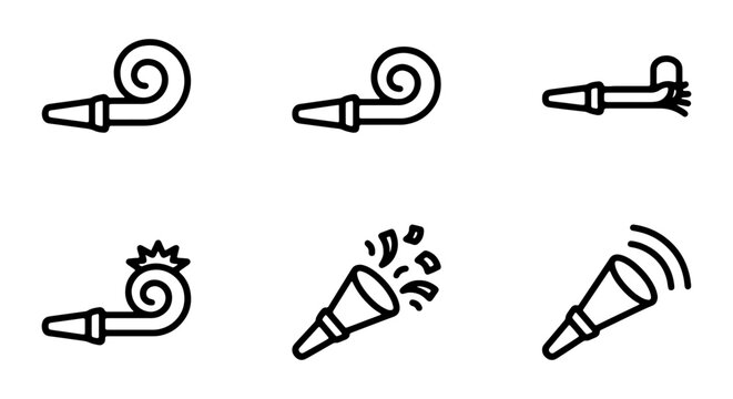 Party Horn Icons Set, Celebration Noise Maker Vector Graphics, Festive Blowout Symbols