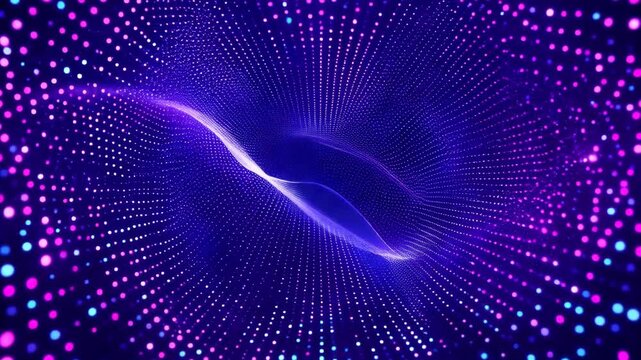 Abstract blue neon light wave vortex swirling smoothly forming futuristic digital portal tunnel. Sci-fi space travel concept