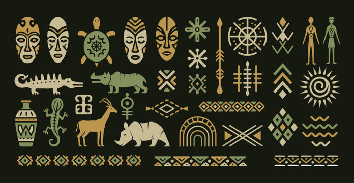 Ethnic Patterns. Tribal vector symbols masks ornaments and geometric borders in african ethnic style set recent collection