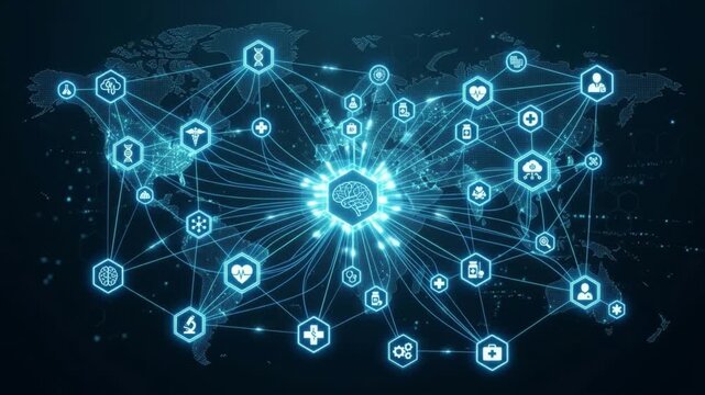 Artificial intelligence network connecting global medical and healthcare icons with glowing lines and digital brain symbol dark world map background showcasing futuristic technology and digital