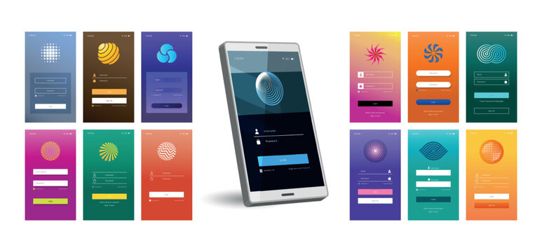 Mobile Login. Colorful vector app login screens with smartphone UI forms buttons and modern interface layouts recent collection
