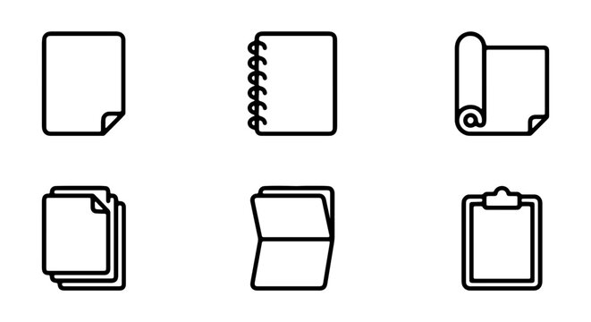 Paper Icons Set: Document, Notebook, Rolled Paper, Stack, Folder, Clipboard