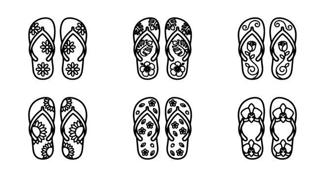 Ornate Flip Flop Icons, Decorative Summer Sandals Set, Black and White Footwear Graphics