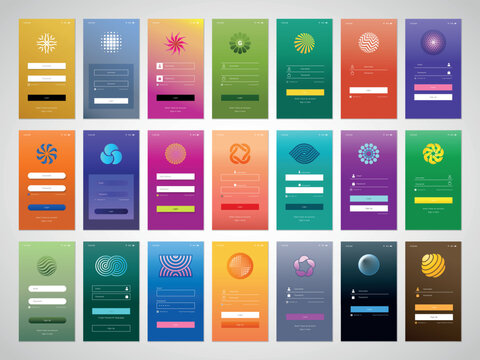 App Interface. Creative vector mobile login templates with bright screen designs signup forms and clean UI elements recent set