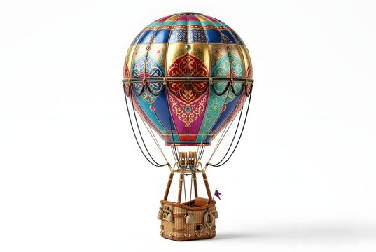 Ornate steampunk hot air balloon model with intricate geometric patterns and wicker basket