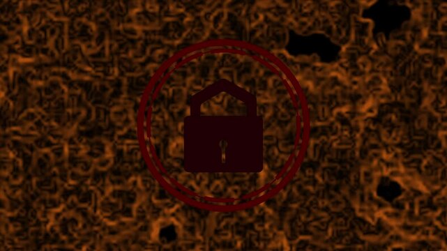 Red padlock icon on fiery orange background security shield. Cybersecurity padlock symbol for enterprise cloud data safety. Digital padlock shield animation for firewall.