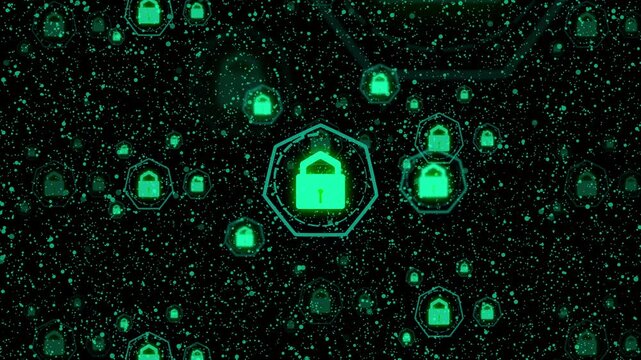 Glowing green padlock icons in digital space security check. Cybersecurity padlock symbol for data center encryption compliance. Digital padlock animation for secure server.