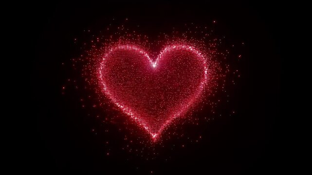 Glowing red particle heart shimmering and emitting sparkles against solid black dark background. Romantic Valentines day concept