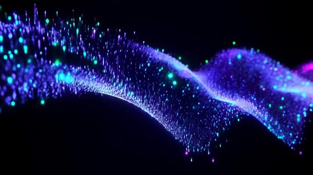 Abstract blue and purple neon particle wave flowing dynamically against dark empty space background. Modern technology and data concept