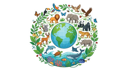 Obraz premium Circular composition of diverse wild animals surrounding the planet Earth globe.