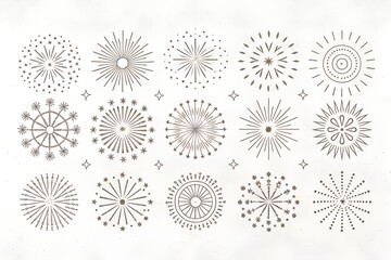 Obraz premium Set of fifteen circular geometric patterns with symmetrical radial lines and dots symbolizing balance harmony and precision through minimalist decorative design generative ai