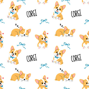 Cute corgi puppy seamless pattern with playful sleeping and happy cartoon dog characters blue bows hearts and typography design for nursery fabric wrapping paper and pet lover products