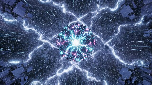 Abstract energy core pulsating with electric plasma and digital particles. Dynamic light effects and discharges.