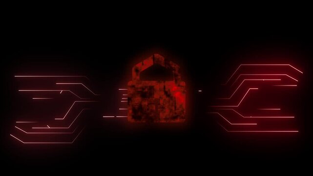 Red digital lock with circuit board lines security warning. Cybersecurity hardware symbol for motherboard firmware threat. Digital lock animation for hardware firewall.