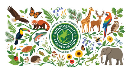 Obraz premium Biodiversity Conservation Illustration Featuring Diverse Wildlife and Plants.
