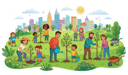 Fototapeta premium Community Tree Planting in Urban Park Environmental Conservation Vector Illustration